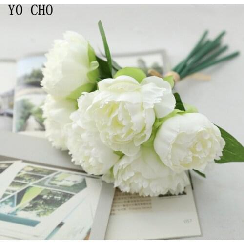 YO CHO 6 Heads/Bunch Rose Artificial White Peony Flowers Silk Flower Peony Bouquet DIY Home Wedding Party Birthday Floral Decor