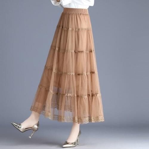 Korean Fashion A-Line Pleated Midi Skirt New Spring Summer Ropa Mujer Gauze Womens Skirts 2021 Elastic Waist Lace Fairy Skirt