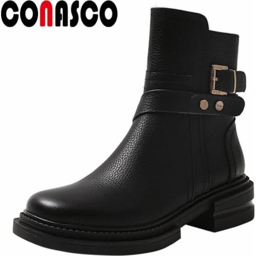 CONASCO Fashion Women Ankle Boots Autumn Winter Warm Cow Leather Causal Party Prom Shoes Concise Metal Rivets Punk Boots Woman