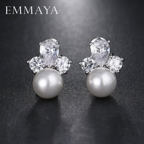 EMMAYA Fashion Elegant Shiny AAA Cz Crystal Pearl Flowers Stud Earrings Wholesale Jewelry Cute Earring Gift