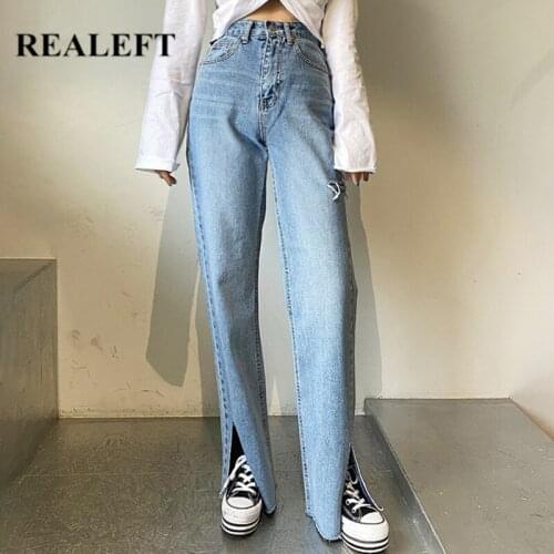 REALEFT 2021 New Vintage Womens Denim Pants Side Split High Waist Fashionable Loose Denim Jeans Female Full Length Trousers