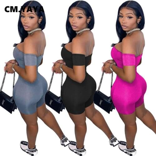 CM.YAYA Women Active Strapless Short Sleeve Bodycon Romper Basic Solid Skinny Elastic Playsuit Sport One Piece Overall Outfits