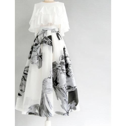 Chiffon Printed 2 Pieces Women Skirts Sets Summer New 2021 Ruffles T-Shirts And A-Line Skirts Elegant Office Lady Clothing Suits