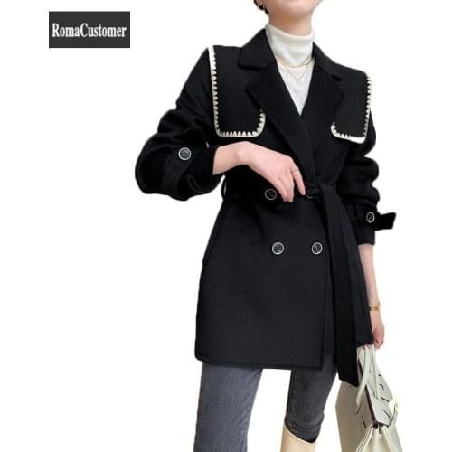 2021 New Autumn Winter Loose Womens Elegant Vintage Wool Coat Double Breasted Korean Concise Female Fashion Casual Outerwear