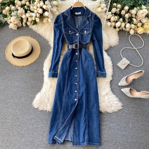 Foamlina Vintage Blue Denim Dress Women Autumn Lapel Collar Full Sleeve Single breasted Korean Work OL Jeans Long Maxi Dress