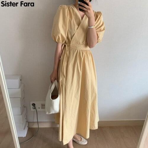 Sister Fara New Summer 2021 Fashion Lace-Up Dress Women V-Neck Solid Casual Elegant Dresses Office Lady Loose Pullover Dress
