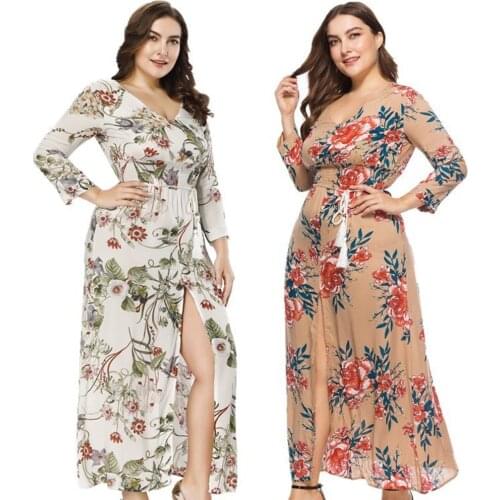 Womens 2021 Fall New XL Womens Printed Dress Bohemian Fashion Sexy V-neck Long Skirt Beach Holiday XL Party Dress 5XL
