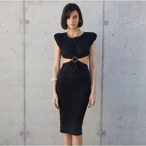 Black Hollow Waist Dress 2021 New Summer Metal Buckle Shoulder with Pads Sheath Female Slim Short Sleeved Party Sexy Knee Dress