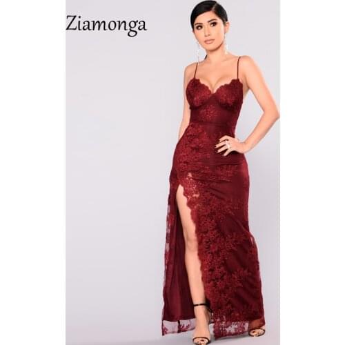 Ziamonga Runway Style Sexy Bodycon Split Wedding Party Dresses Spaghetti Strap Lace Ladies Dresses Women Night Robe Longue Femme
