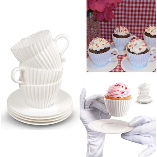 1 Set of 4pcs Silicone Cupcake Cups Muffin Baking Cake Tea Teacup Mold + 4pcs Saucers NL6751