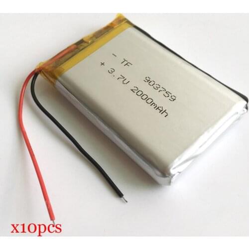 10pcs 2000mAh 903759 3.7V Lithium Polymer LiPo Rechargeable Battery size 9*37*59mm For GPS PSP DVD mobile video game PAD E-books