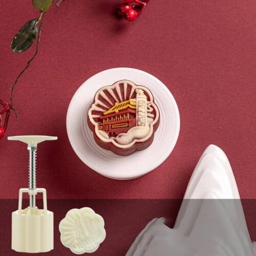 2020 New Chocolate Moon Cake Mould Building Mooncake Mold 80g Cookie Cutter with Stamp Hand Press DIY Bakeware