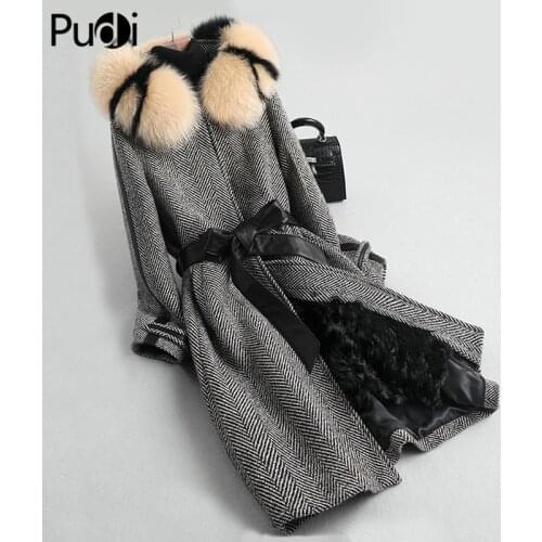 A59760 Women Real Wool Herringbone Fabric Coat Lady Fox Fur Collar Sheep Fur Lining Leisure Fall/Winter Wool Long Outwear