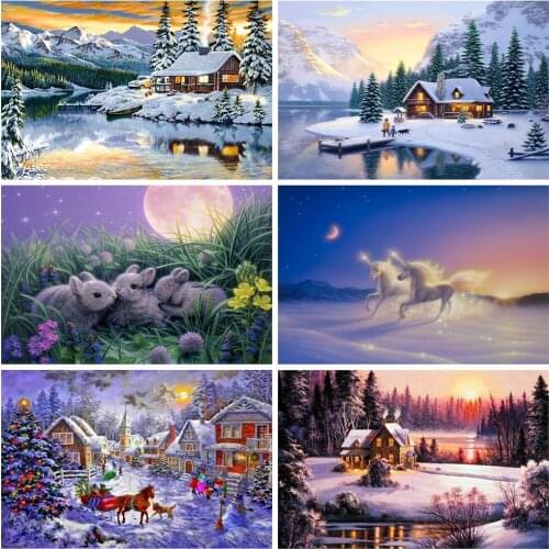 5D DIY Diamond Painting Snow Scene Full Diamond Embroidery Buildings And Animal In Snow Cross Stitch Kit Mosaic Home Decoration