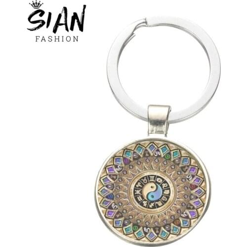 SIAN New Design Zodiac Constellation Yin Yang Key Chains Unique Pattern Rune 3Colors Glass Cabochon Pendant Keyring Holder Hot