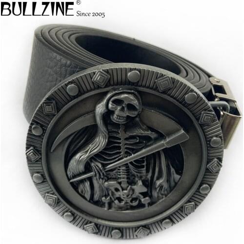Bullzine zinc alloy retro skull Belt buckle cowboy jeans belt buckle pewter finish free PU belt FP-03195 drop shipping
