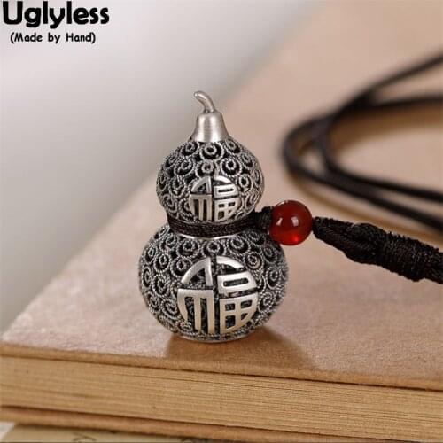 Uglyless Chinese FU Hollow Filigreed Gourd Pendants with Rope Chains 999 Pure Silver Thai Silver Necklaces Agate Vintage Jewelry