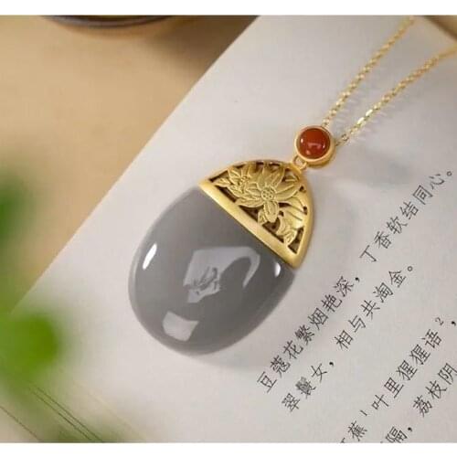Natural Hetian Jade Smokey Violet Hollow Lotus Womens Sweater Chain Pendant S925 Sterling Silver Gold Plated Fashion Exquisite