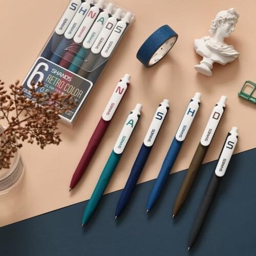 6pcs/set Retro Gel Pen Quick Dry Press Color Ink Hand Account Pen 0.5mm Diary Mark School Stationery Office Supplies