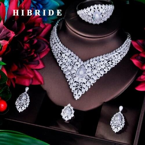 HIBRIDE Luxury Big Necklace Earring Ring Bangle Cubic Zircon Jewelry Sets For Women Bridal Wedding Accessories Jewelry N-777