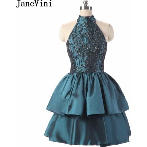 JaneVini Vinatge Short Homecoming Dresses for Girls A Line High Neck Sleeveless Beaded Taffeta Mini Graduation Dress Plus Size