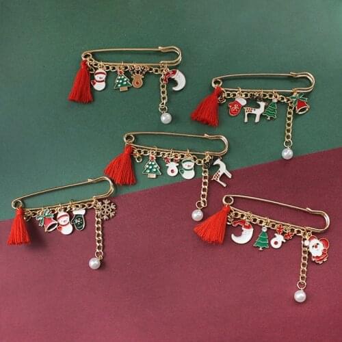 Cute Christmas Pins Christmas Santa Claus Bell Snowman Stockings Santa Tree Reindeer elk Pearl Brooches Xmas New Year Gift