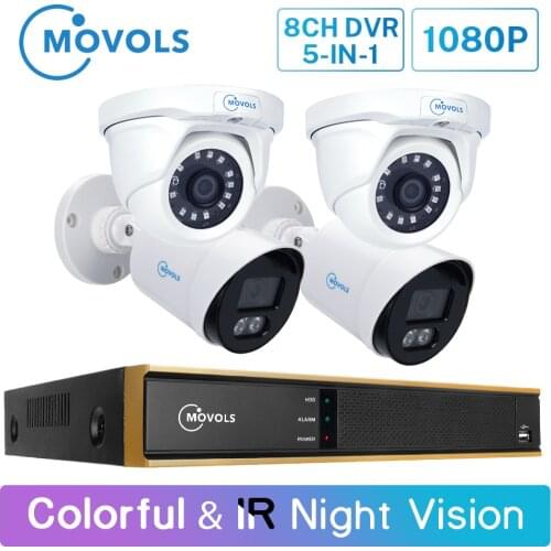 Movols 1080P 8CH H.265 DVR CCTV System 2PCS Colorful & 2PCS IR Night Vision Security Camera Kit Outdoor Video Surveillance Set