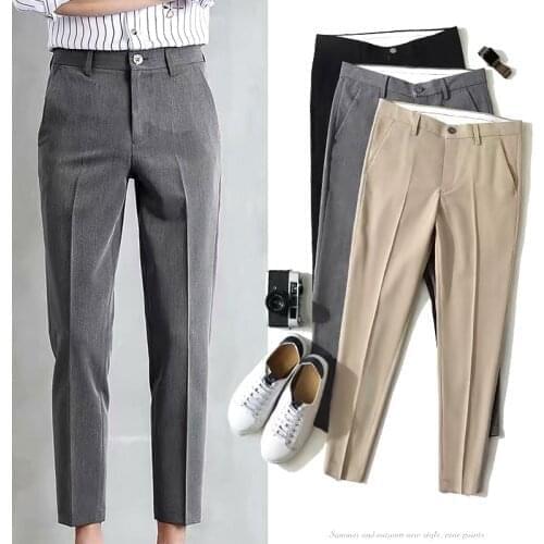 Mens Suit Pants Fashion Slim-Fit Straight Trousers Business Casual Ninth Pants With Pockets Pure Black Khaki Grey Suit Pants