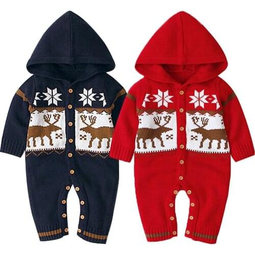 Baby clothes newborn warm sweater knitted one-piece Christmas cartoon boy girl jumpsuit romper baby hooded crawling suit