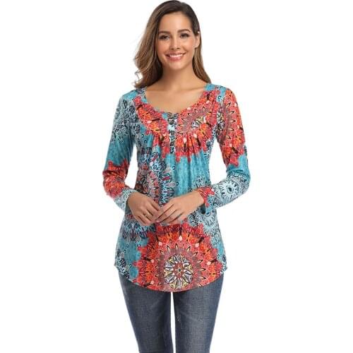 Bohemian Clothing For Women Summer Long Sleeve O-neck Floral Print Loose Casual Plus Size Office Ladies Tops And Blouses