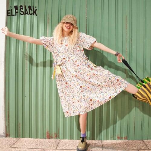 ELFSACK Cartoon Print High Waist Casual Dresses Women,2021 Summer ELF Vintage Chic Button Korean Ladies Daily Holiday Dress