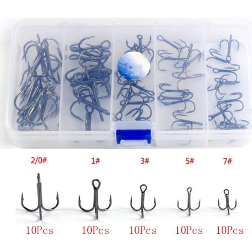 Thicke 2(0)/1/3/5/7# High Carbon Steel Treble Fishing Hooks 50pcs/box for Hard Lure Round Bent Triple Artificial Lure Fishhooks