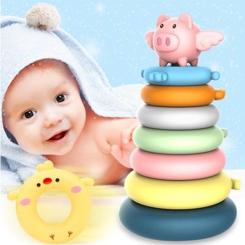 5/7 Layers Rainbow Stacking Ring Tower Stacking Stapelring Blocks Wood Plastic Cartoon Pig Multicolor Ring Toddler Baby Kids Toy