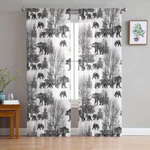 Luxury Tulle Curtains Silhouette Bear Woods Living Room Kitchen Chiffon Curtain Youth Bedroom Sheer Floor Valance Curtain