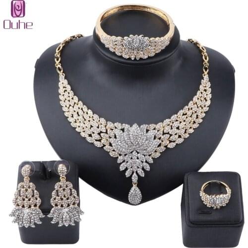 Bridal Gift Nigerian Wedding Jewelry Set Fashion Dubai Gold Color Full Rhinestone Costume Design Necklace Earring Jewelry Set