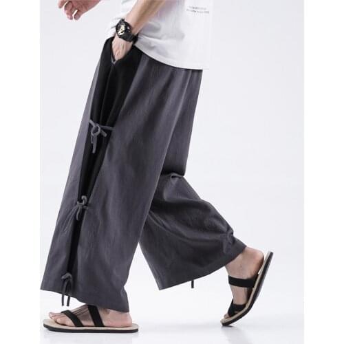 Spring Autumn New Casual Cotton Linen Pants Chinese Style Retro Hanfu Wide leg Pants Elastic Waist Men Straight Trousers