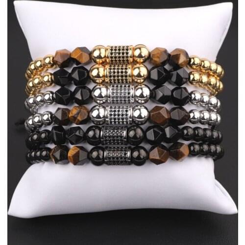 High Quality Natural Stone Tiger Eye Black Onyx CZ Tube Beads Adjustable Bracelet Men Jewelry