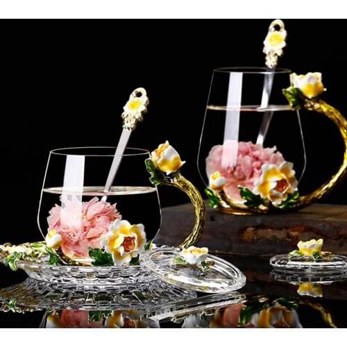 High Grade Enamel Glass Cup Coffee Mug Flower Tea Cup Milk Cup Household Lead-free Crystal Glass Cup Creative Wedding Gift