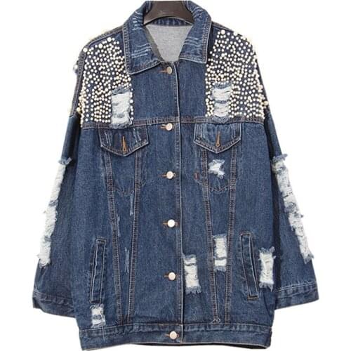 Street Fashion Women Personality Jacket 2017 Spring Pearl Beading Ripped Denim Jacket
