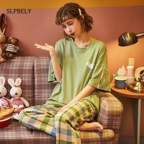 SLPBELY Women Pajamas Set Homewear Lounge Wear Summer Lovely Short Sleeve Plaid Pant Sleepwear Nightwear Homesuit Pyjamas Pijama