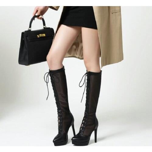 Sianie Tianie 2020 sexy summer boots shoes air mesh net cross-tied lace-up platform high heels boots women knee high booties