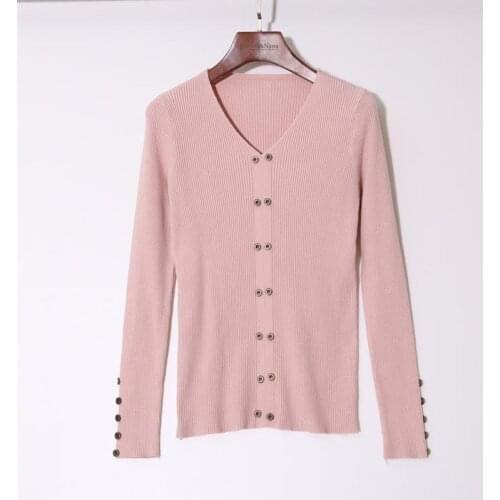 Womens Sweaters Fall 2020 Fashion Buttons Slim Pullovers V-Neck Knitted Sweater Female Casual Long Sleeve Jersey Mujer Invierno