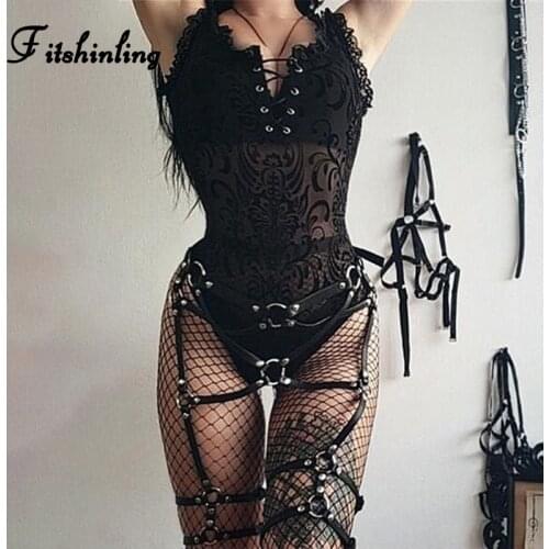 Fitshinling Gothic Lace Mesh Splice Bodysuit Women Lace Up Sheer Black Body Jumpsuit Sexy Hot Grunge Punk Bodysuits Ladies Sale
