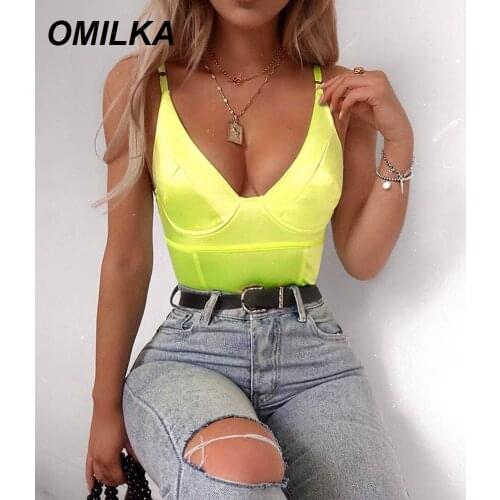 OMILKA 2019 Sexy Neon Green Bodysuit Women Summer V Neck Backless Spaghetti Strap Bodysuits Solid Beach Club Streetwear Body Top