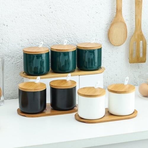 1 Set Creative Spices Rack Ceramic Seasoning Container Pot with Bamboo Lid Kitchen Seasoning Organizer