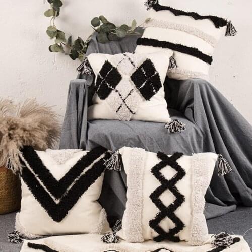 Boho Woven Tufted Black White Throw Pillow Case Morocan Textured Plaid Striped Geometric Pattern Square Cushion Cover