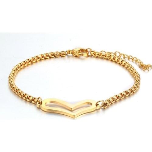 RIR Stainless Steel Yellow Gold Heart Shaped Rolo Chain Link Bracelet & Bangle Lady Charm Jewelery Birthday Present