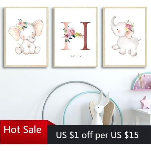 Flower Elephant Nursery Art Print Personalized Custom Name Poster Wall Decor Art Canvas Painting Nordic Picture Baby Room Decor