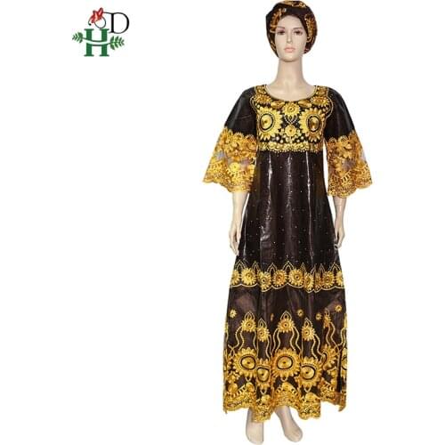 H&D African Dresses For Women Lace Long Dress Bazin Riche Dashiki Brown Gold Dress Embroidered Flower With Stones 2020 Boubou