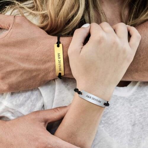 Customized ID Tag Bracelets for Couples Women Bracelet Personalized Bar Name Stainless Steel Rope Wristbands Adjustable